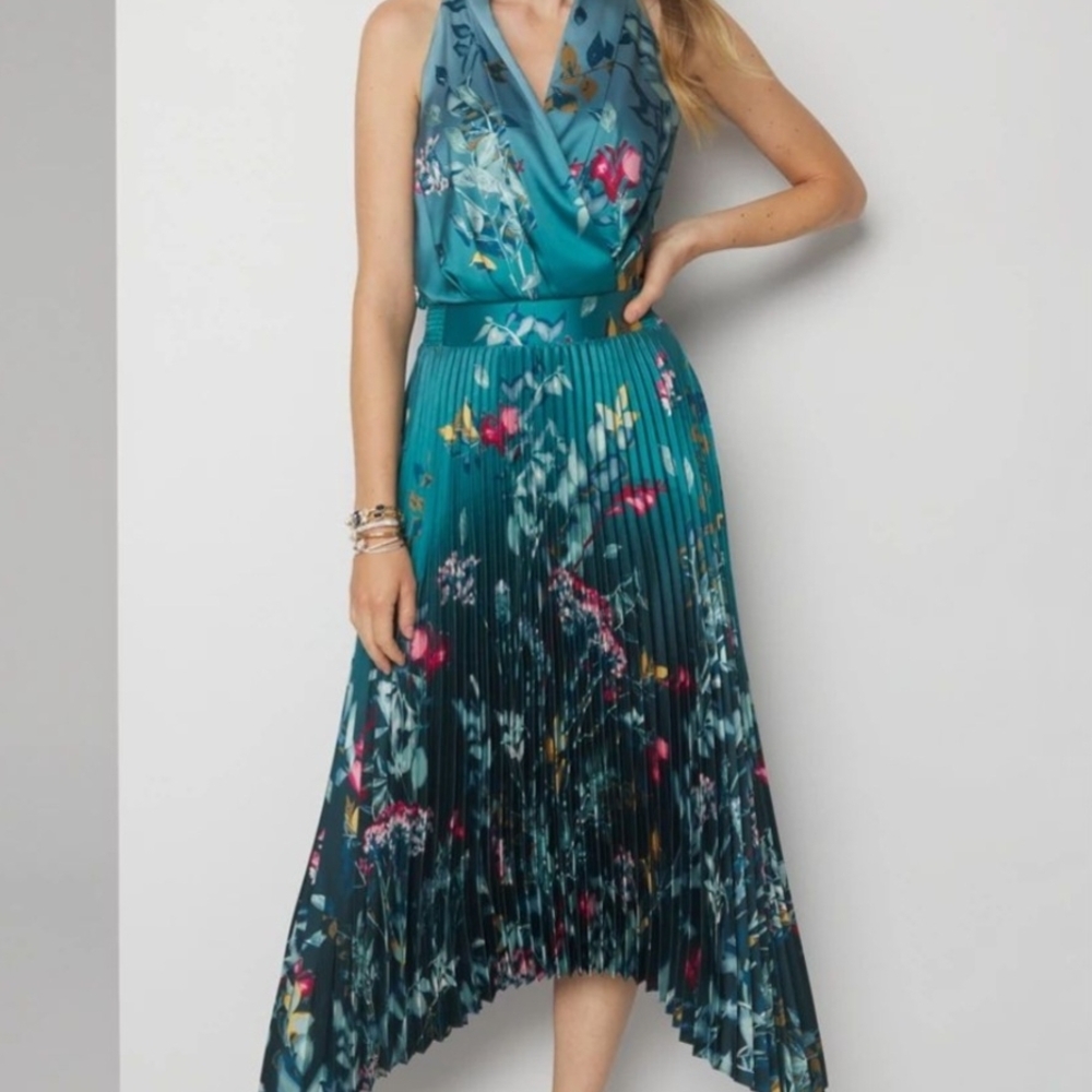 White House Black Market Asymmetrical Floral Dress - Teal and Pink